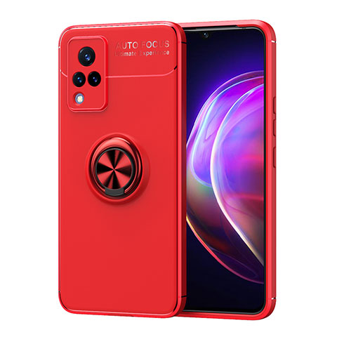 Coque Ultra Fine Silicone Souple Housse Etui avec Support Bague Anneau Aimante Magnetique SD2 pour Vivo V21 5G Rouge