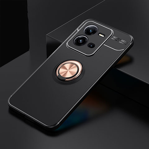 Coque Ultra Fine Silicone Souple Housse Etui avec Support Bague Anneau Aimante Magnetique SD2 pour Vivo V25 5G Or et Noir