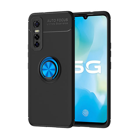 Coque Ultra Fine Silicone Souple Housse Etui avec Support Bague Anneau Aimante Magnetique SD2 pour Vivo Y73s 5G Bleu et Noir