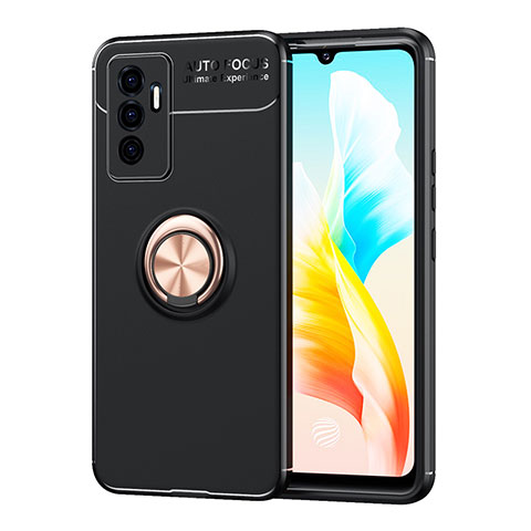 Coque Ultra Fine Silicone Souple Housse Etui avec Support Bague Anneau Aimante Magnetique SD2 pour Vivo Y75 4G Or et Noir