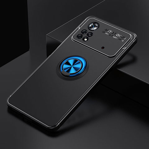 Coque Ultra Fine Silicone Souple Housse Etui avec Support Bague Anneau Aimante Magnetique SD2 pour Xiaomi Poco M4 Pro 4G Bleu et Noir