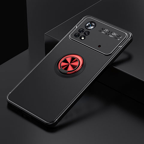 Coque Ultra Fine Silicone Souple Housse Etui avec Support Bague Anneau Aimante Magnetique SD2 pour Xiaomi Poco M4 Pro 4G Rouge et Noir