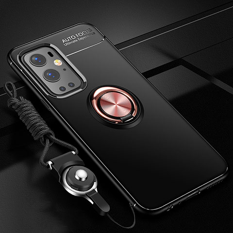 Coque Ultra Fine Silicone Souple Housse Etui avec Support Bague Anneau Aimante Magnetique SD3 pour OnePlus 9 Pro 5G Or et Noir