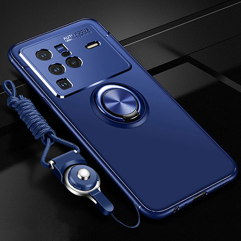 Coque Ultra Fine Silicone Souple Housse Etui avec Support Bague Anneau Aimante Magnetique SD3 pour Vivo X80 Pro 5G Bleu