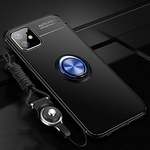 Coque Ultra Fine Silicone Souple Housse Etui avec Support Bague Anneau Aimante Magnetique T02 pour Apple iPhone 11 Bleu et Noir