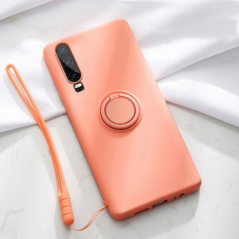 Coque Ultra Fine Silicone Souple Housse Etui avec Support Bague Anneau Aimante Magnetique T02 pour Huawei P30 Orange