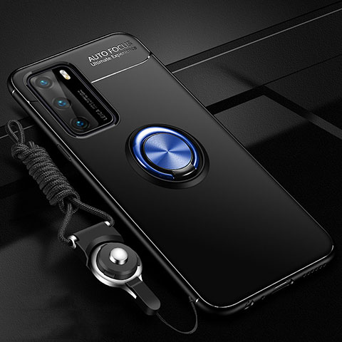 Coque Ultra Fine Silicone Souple Housse Etui avec Support Bague Anneau Aimante Magnetique T02 pour Huawei P40 Bleu et Noir