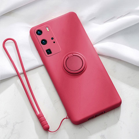 Coque Ultra Fine Silicone Souple Housse Etui avec Support Bague Anneau Aimante Magnetique T02 pour Huawei P40 Pro Vin Rouge