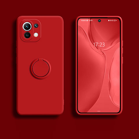 Coque Ultra Fine Silicone Souple Housse Etui avec Support Bague Anneau Aimante Magnetique T02 pour Xiaomi Mi 11 5G Rouge