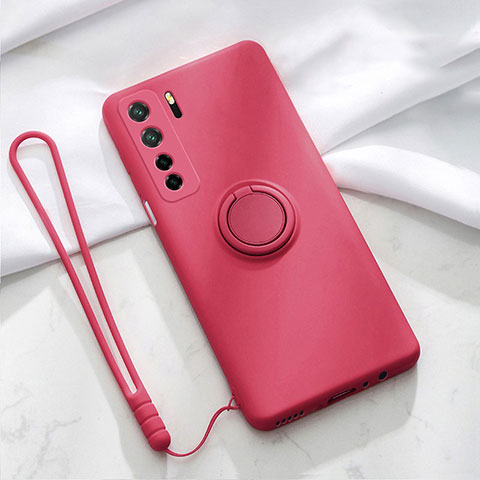 Coque Ultra Fine Silicone Souple Housse Etui avec Support Bague Anneau Aimante Magnetique T03 pour Huawei Nova 7 SE 5G Vin Rouge