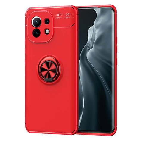 Coque Ultra Fine Silicone Souple Housse Etui avec Support Bague Anneau Aimante Magnetique T04 pour Xiaomi Mi 11 Lite 5G NE Rouge