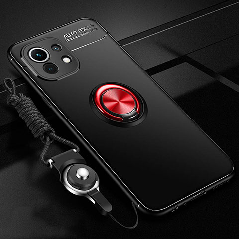 Coque Ultra Fine Silicone Souple Housse Etui avec Support Bague Anneau Aimante Magnetique T05 pour Xiaomi Mi 11 Lite 5G NE Rouge et Noir