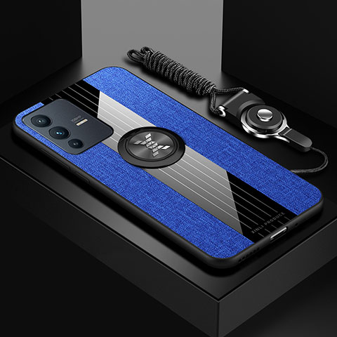 Coque Ultra Fine Silicone Souple Housse Etui avec Support Bague Anneau Aimante Magnetique X03L pour Vivo V23 5G Bleu