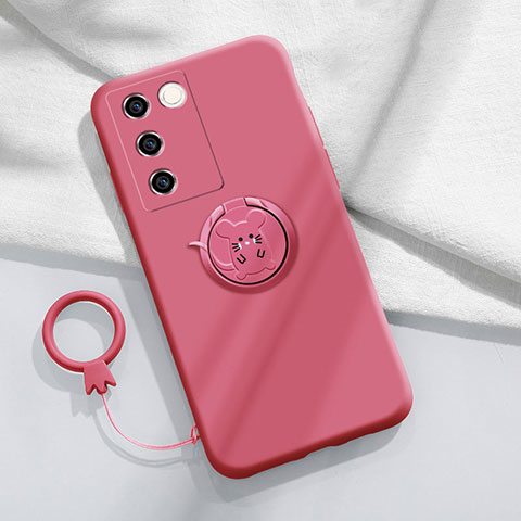 Coque Ultra Fine Silicone Souple Housse Etui avec Support Bague Anneau Aimante Magnetique Z01 pour Vivo V27 5G Rose Rouge