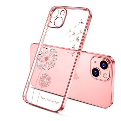 Coque Ultra Fine TPU Souple Housse Etui Transparente Fleurs pour Apple iPhone 15 Or Rose