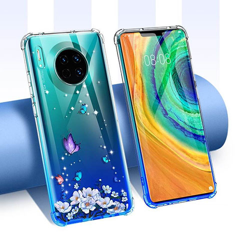 Coque Ultra Fine TPU Souple Housse Etui Transparente Fleurs pour Huawei Mate 30 5G Bleu