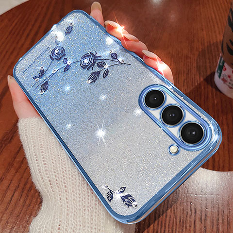 Coque Ultra Fine TPU Souple Housse Etui Transparente Fleurs pour Samsung Galaxy S22 5G Bleu