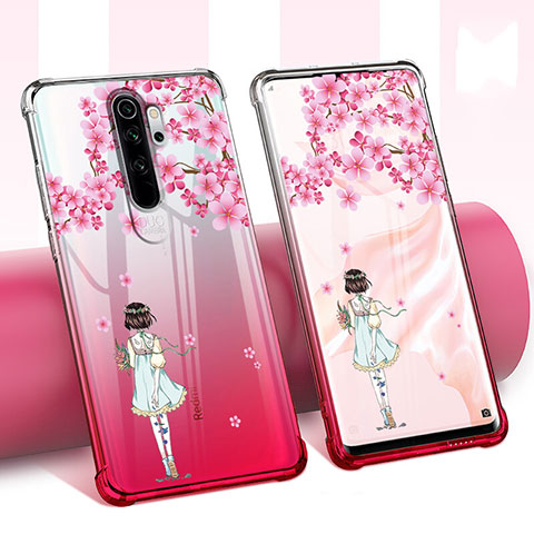 Coque Ultra Fine TPU Souple Housse Etui Transparente Fleurs pour Xiaomi Redmi Note 8 Pro Rouge