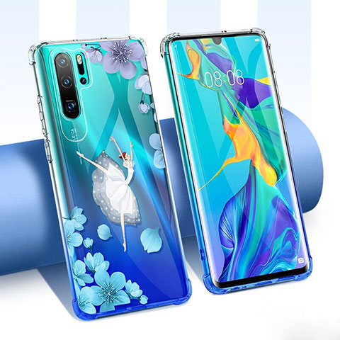 Coque Ultra Fine TPU Souple Housse Etui Transparente Fleurs T02 pour Huawei P30 Pro New Edition Bleu