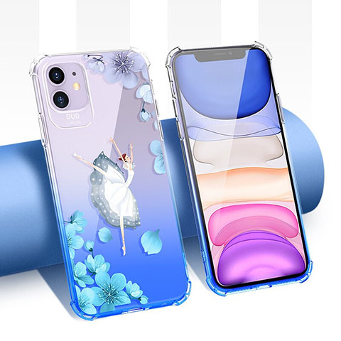 Coque Ultra Fine TPU Souple Housse Etui Transparente Fleurs T04 pour Apple iPhone 11 Bleu