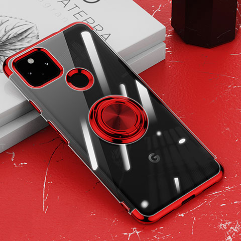 Coque Ultra Slim Silicone Souple Housse Etui Transparente avec Support Bague Anneau Aimante Magnetique AN1 pour Google Pixel 5a 5G Rouge