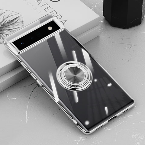 Coque Ultra Slim Silicone Souple Housse Etui Transparente avec Support Bague Anneau Aimante Magnetique AN1 pour Google Pixel 6a 5G Argent