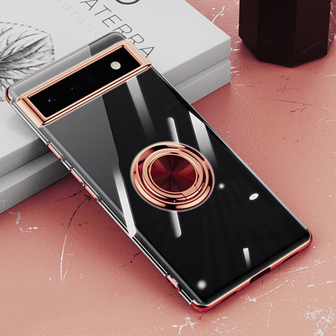 Coque Ultra Slim Silicone Souple Housse Etui Transparente avec Support Bague Anneau Aimante Magnetique AN1 pour Google Pixel 6a 5G Or Rose