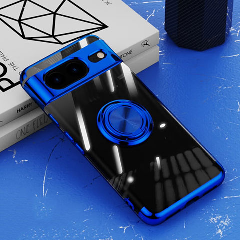 Coque Ultra Slim Silicone Souple Housse Etui Transparente avec Support Bague Anneau Aimante Magnetique AN1 pour Google Pixel 8 5G Bleu