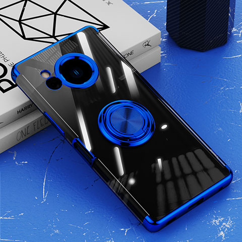 Coque Ultra Slim Silicone Souple Housse Etui Transparente avec Support Bague Anneau Aimante Magnetique AN1 pour Sharp Aquos R8 Bleu