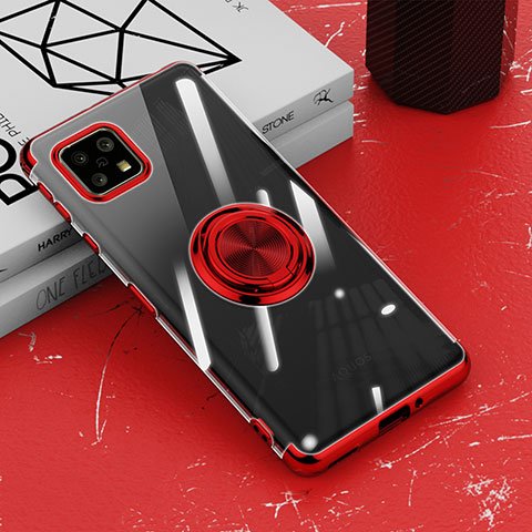 Coque Ultra Slim Silicone Souple Housse Etui Transparente avec Support Bague Anneau Aimante Magnetique AN1 pour Sharp Aquos Sense4 Rouge