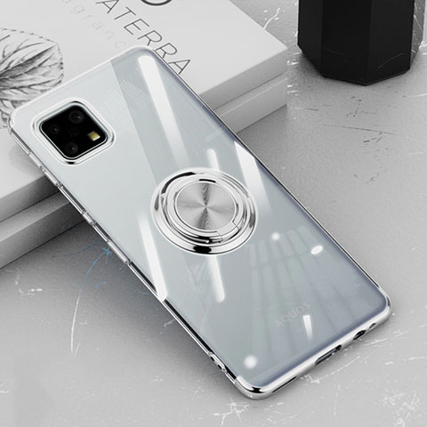 Coque Ultra Slim Silicone Souple Housse Etui Transparente avec Support Bague Anneau Aimante Magnetique AN1 pour Sharp Aquos Sense6 Argent