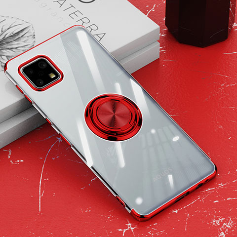 Coque Ultra Slim Silicone Souple Housse Etui Transparente avec Support Bague Anneau Aimante Magnetique AN1 pour Sharp Aquos Sense6 Rouge