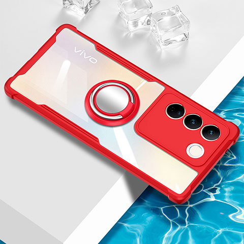 Coque Ultra Slim Silicone Souple Housse Etui Transparente avec Support Bague Anneau Aimante Magnetique BH1 pour Vivo V27 5G Rouge