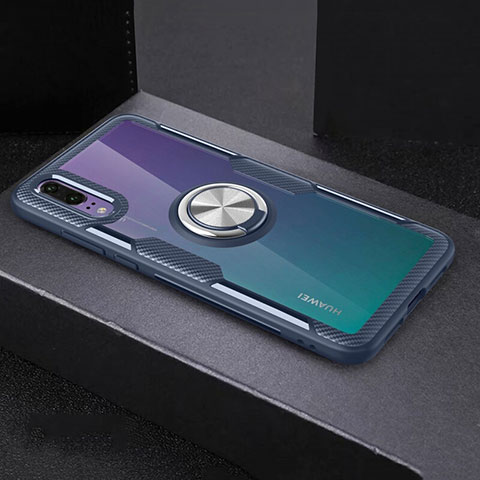 Coque Ultra Slim Silicone Souple Housse Etui Transparente avec Support Bague Anneau Aimante Magnetique C01 pour Huawei P20 Bleu