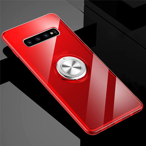 Coque Ultra Slim Silicone Souple Housse Etui Transparente avec Support Bague Anneau Aimante Magnetique C01 pour Samsung Galaxy S10 5G Rouge