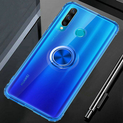 Coque Ultra Slim Silicone Souple Housse Etui Transparente avec Support Bague Anneau Aimante Magnetique C02 pour Huawei Nova 4e Bleu