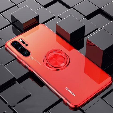 Coque Ultra Slim Silicone Souple Housse Etui Transparente avec Support Bague Anneau Aimante Magnetique C02 pour Huawei P30 Pro Rouge