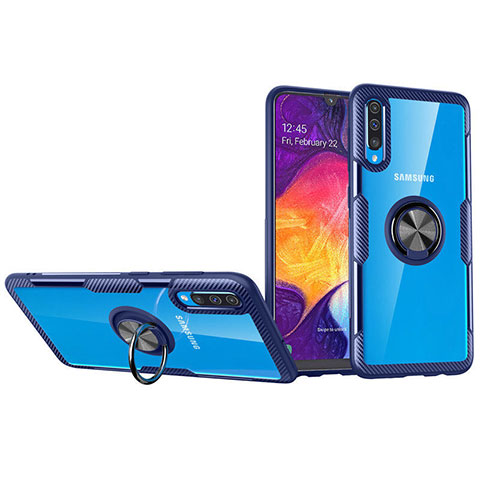 Coque Ultra Slim Silicone Souple Housse Etui Transparente avec Support Bague Anneau Aimante Magnetique C02 pour Samsung Galaxy A70 Bleu