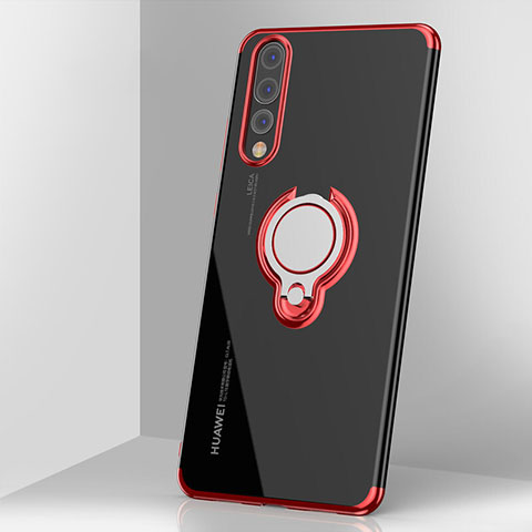 Coque Ultra Slim Silicone Souple Housse Etui Transparente avec Support Bague Anneau Aimante Magnetique C03 pour Huawei P20 Pro Rouge