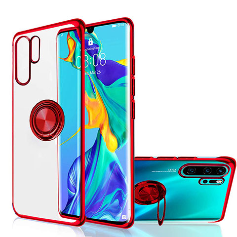 Coque Ultra Slim Silicone Souple Housse Etui Transparente avec Support Bague Anneau Aimante Magnetique C04 pour Huawei P30 Pro New Edition Rouge