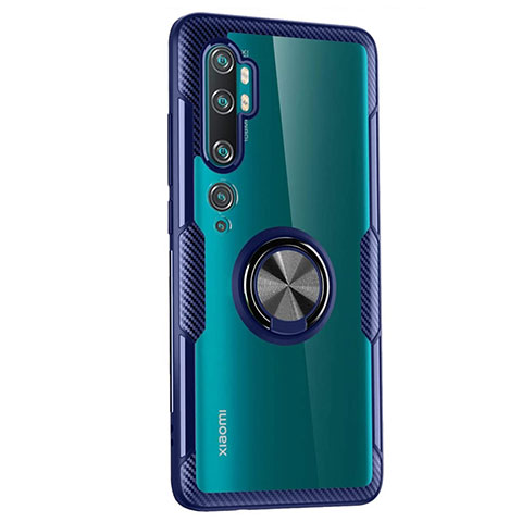 Coque Ultra Slim Silicone Souple Housse Etui Transparente avec Support Bague Anneau Aimante Magnetique D02 pour Xiaomi Mi Note 10 Bleu