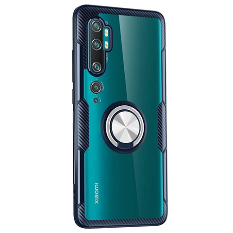 Coque Ultra Slim Silicone Souple Housse Etui Transparente avec Support Bague Anneau Aimante Magnetique D02 pour Xiaomi Mi Note 10 Bleu Ciel