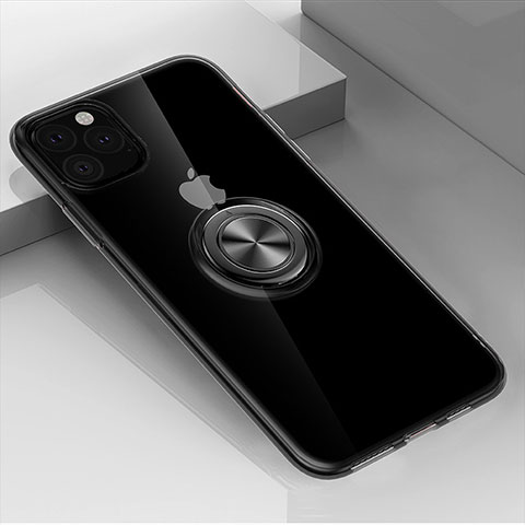 Coque Ultra Slim Silicone Souple Housse Etui Transparente avec Support Bague Anneau Aimante Magnetique F01 pour Apple iPhone 11 Pro Noir