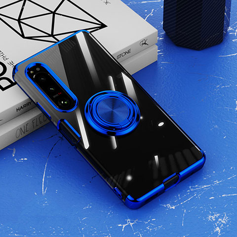 Coque Ultra Slim Silicone Souple Housse Etui Transparente avec Support Bague Anneau Aimante Magnetique pour Sony Xperia 1 IV Bleu