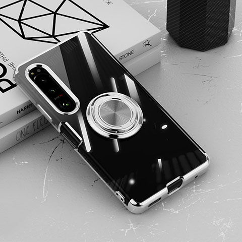 Coque Ultra Slim Silicone Souple Housse Etui Transparente avec Support Bague Anneau Aimante Magnetique pour Sony Xperia 1 IV SO-51C Argent