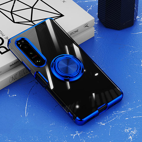 Coque Ultra Slim Silicone Souple Housse Etui Transparente avec Support Bague Anneau Aimante Magnetique pour Sony Xperia 1 IV SO-51C Bleu