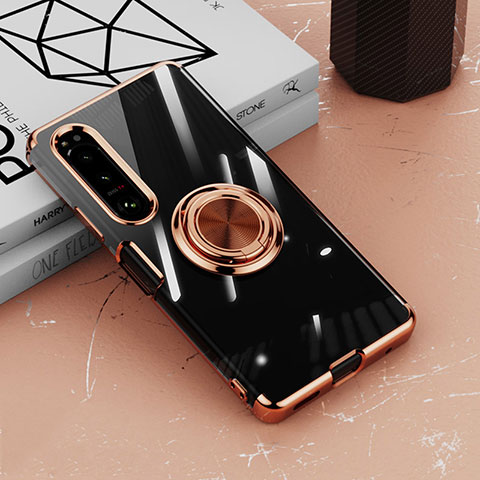 Coque Ultra Slim Silicone Souple Housse Etui Transparente avec Support Bague Anneau Aimante Magnetique pour Sony Xperia 1 IV SO-51C Or Rose