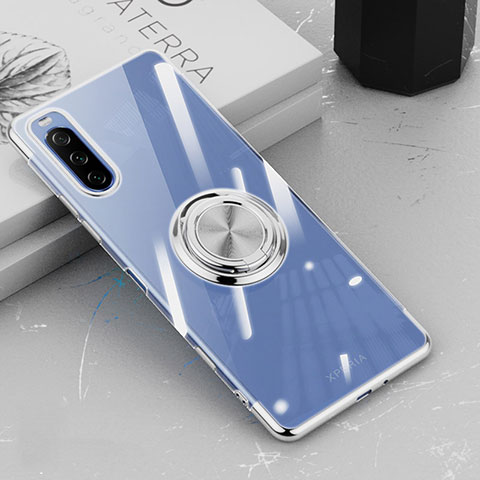 Coque Ultra Slim Silicone Souple Housse Etui Transparente avec Support Bague Anneau Aimante Magnetique pour Sony Xperia 10 III Lite Argent