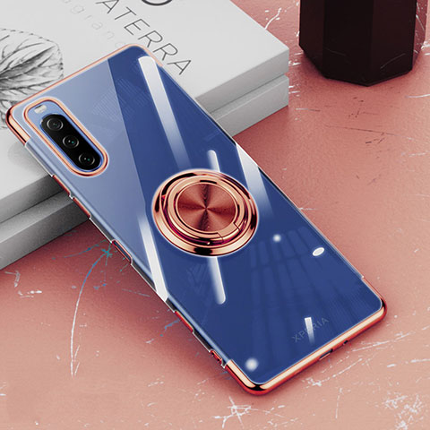 Coque Ultra Slim Silicone Souple Housse Etui Transparente avec Support Bague Anneau Aimante Magnetique pour Sony Xperia 10 III Lite Or Rose