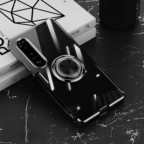 Coque Ultra Slim Silicone Souple Housse Etui Transparente avec Support Bague Anneau Aimante Magnetique pour Sony Xperia 10 IV SO-52C Noir